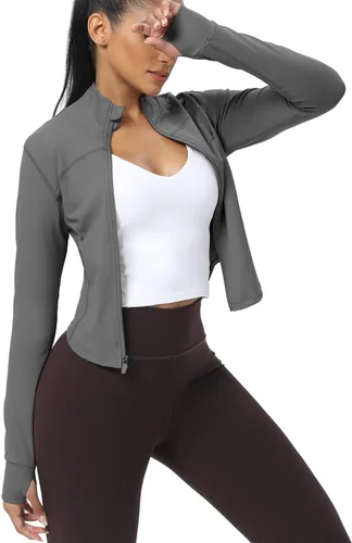 Vista 44 de AVGO Chaquetas de entrenamiento recortadas para mujer, con cremallera, ajustadas, atléticas, con agujeros para el pulgar