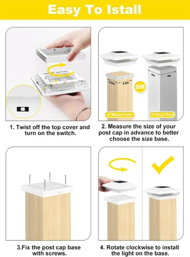 Vista 8 de T-SUN Luces de Tapa de Poste 4x4 Paquete de 6 para Cerca de Vinilo/Madera, Exterior Impermeable Blanco Cálido y Frío, Luces Solares de Poste