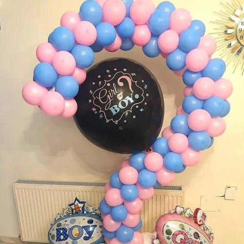 Vista 6 de Kit de arco de globos rosa y azul, kit de guirnalda de 100 globos azul claro rosa macarrón para revelación de género, globos de diferentes tamaños