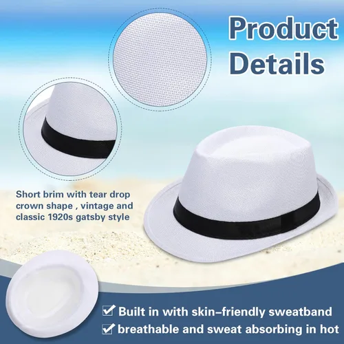 Vista 7 de Paquete de 10 sombreros Fedora de los años 20 para hombre, ala corta, sombrero Panamá para hombres y mujeres, disfraz de fiesta, circunferencia