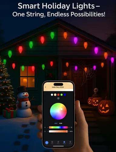 Vista 2 de Popotan C-9 Luces LED de Navidad para Exteriores, 33 Pies 50 LEDs Luces de Cadena RGB Inteligentes con Control Remoto de Aplicación, 108 Modos