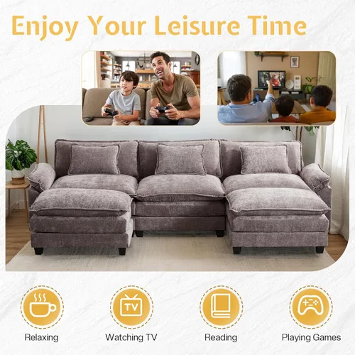 Vista 6 de Sofá Seccional, Sofá Modular Cloud con Otomana, Sofás Cama de Asiento Profundo con Almohadas Decorativas, Cómodo Sofá de Dos Plazas de Chenilla