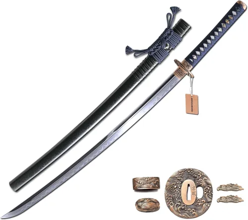 Vista 13 de MURASAME 41" Katana Espada Arcilla Templado Damasco Doblado Acero Real Hamon Latón Tsuba Muy Afilado