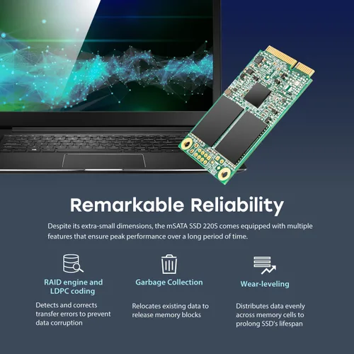 Vista 8 de Transcend MSA220S mSATA III SSD de 64 GB, caché SLC Unidad interna de estado sólido, corrección de errores LDPC ECC, compatible con computadora