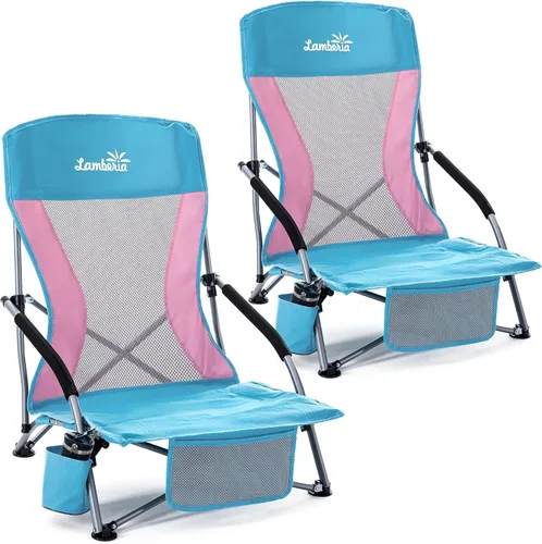 Vista 14 de Lamberia Silla de playa plegable para adultos, paquete de 2, sillas de playa bajas portátiles con capacidad de 300 libras, silla de camping ligera