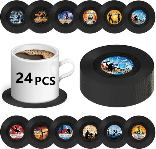 Vista 8 de 12 posavasos retro para discos de vinilo, regalo de música, bares, cumpleaños, fiestas para amantes de la música, costa colorida, decoración