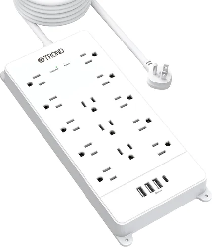 Vista 16 de TROND - Alargador de corriente con enchufe plano giratorio 360°, protector contra sobretensiones, 13 tomas amplias con 3 puertos USB C, 4000 J