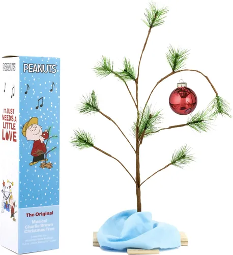 Vista 5 de ProductWorks árbol de Navidad Charlie Brown con chip musical y cacahuates con cobija Linus, 24", Multicolor