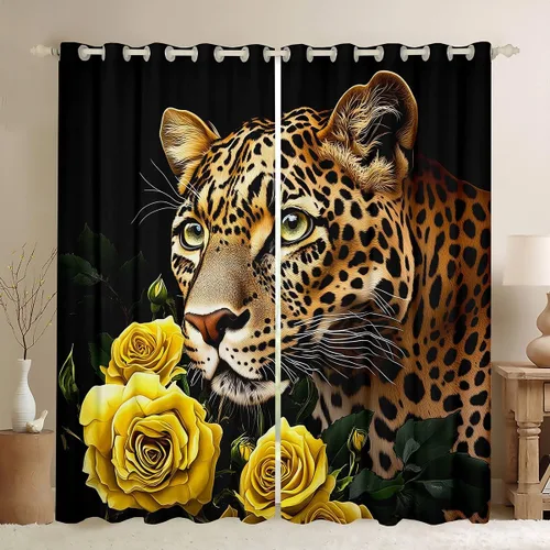 Vista 8 de Erosebridal Cortinas de Rosas Rojas 3D Tratamientos para Ventanas de Guepardo, Paneles de Cortinas con Estampado de Gato Leopardo para Sala
