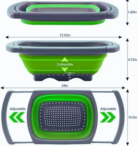 Vista 2 de Colador de silicona plegable – Colador plegable que ahorra espacio para pasta, verduras y frutas, 3 peladores adicionales – Colador de cocina grande