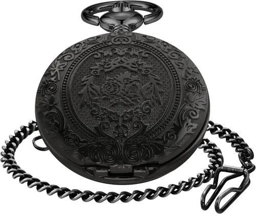 Vista 3 de Large Decorative Flower Pattern White Roman Numeral Scale Quartz Pocket Watches for Men with Chain
