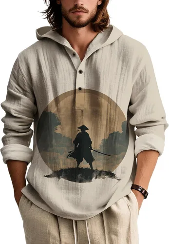 Vista 10 de Sudadera con capucha para hombre, de gran tamaño, elegante, vintage, con botones, casual, de manga larga, sudadera con capucha