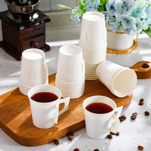 Vista 2 de Funtery 50 unidades de 4 oz tazas de espresso desechables a granel con asas, tazas de papel desechables blancas para café, espresso, té, bebidas