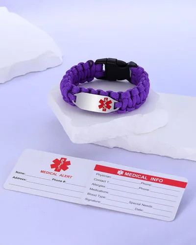 Vista 2 de Pulsera de alerta médica Paracord para hombres y mujeres Pulsera de identificación médica de acero inoxidable con hebillas de liberación lateral