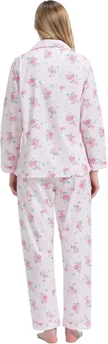 Vista 2 de Amaxer Conjunto de pijama 100% algodón para mujer, de manga larga, suave, con botones, con cordón elástico