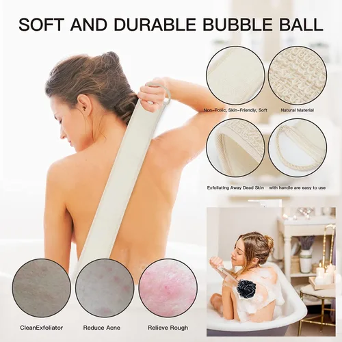 Vista 4 de Juego de 8 cepillos de baño – Esponja de lufa de ducha con mango largo, esponja natural exfoliante de espalda para ducha, puf de Luffa, masajeador