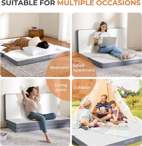 Vista 7 de Sweetnight Cubrecolchón plegable de 4 pulgadas con una funda plegable y lavable, de firmeza media con diseño antideslizante, adecuado para viajes