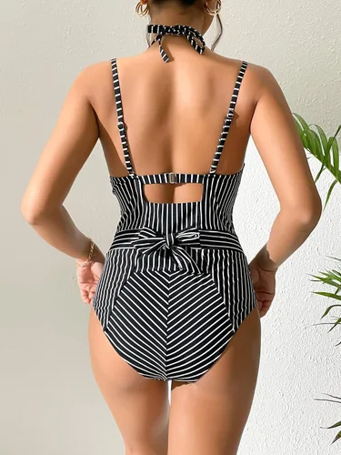 Vista 4 de Modihito Traje de baño de una pieza con tirantes ajustables moldeados a rayas para mujer
