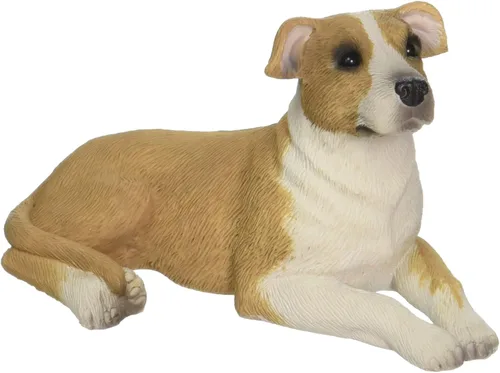 Vista 2 de Sandicast Fawn Pit Bull Terrier con bufanda roja y verde adorno de Navidad