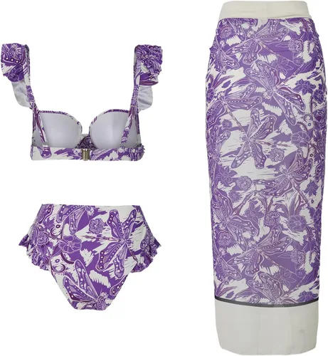 Vista 4 de GQIZLPWF Traje de baño de 3 piezas para mujer, estilo vintage, floral, envolvente, verano, vacaciones, traje de baño, Z2361-púrpura