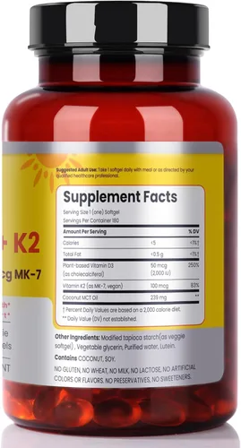 Vista 10 de FAMILI+ 180 Días de Vitamina Vegana D3+K2 en Cápsulas Blandas con Aceite de MCT de Coco 2000UI de Vitamina D3 de Fuente Vegetal + 100 mcg