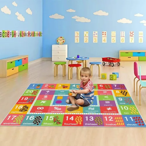 Vista 2 de Alfombra educativa de aprendizaje con números, símbolos matemáticos y formas, alfombra de juego de reconocimiento y conteo de frutas, alfombra