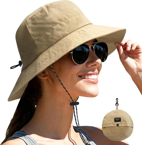 Vista 9 de NPJY Packable Sun Bucket Hat for Women Outdoor Waterproof Rain Hat Beige liso (plegable)