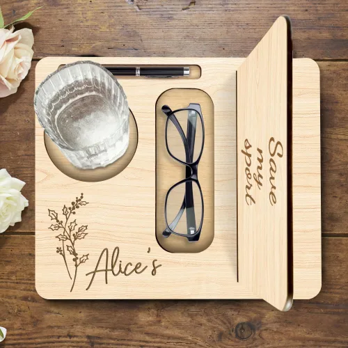 Vista 8 de Estantería personalizada con diseño de flor de nacimiento de madera de roble macizo, soporte para libros de madera con texto personalizado, soporte