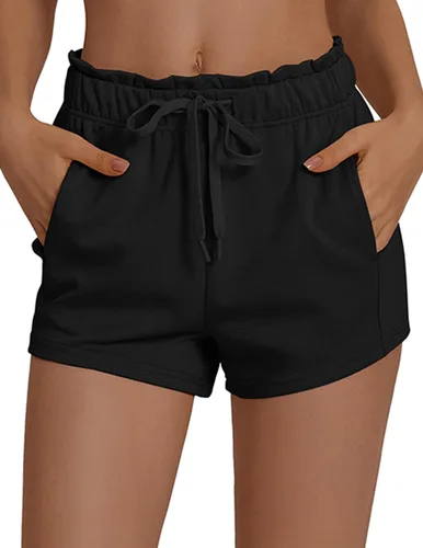 Vista 3 de PINSPARK Pantalones cortos deportivos para mujer, cintura alta, con cordón, pantalones cortos de entrenamiento de verano, suaves, casuales