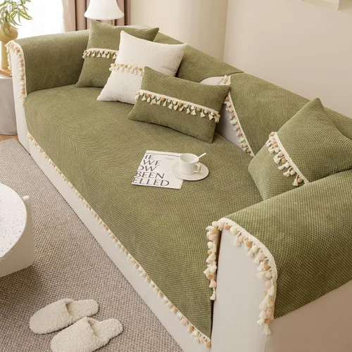 Vista 4 de vctops Funda de sofá bohemia con borlas con pompones, funda de sofá modular de pana súper suave, antideslizante, lavable, protector de muebles Verde