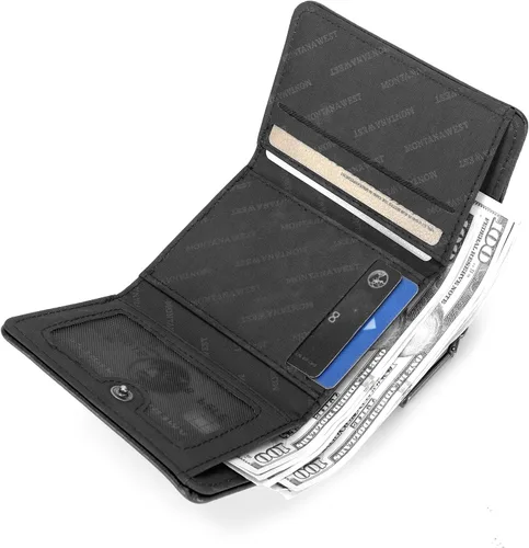 Vista 2 de Montana West Billetera pequeña para mujer, de piel auténtica, triple pliegue, tarjetero Rfid con cremallera y bolsillo para monedas, Un negro, Casual