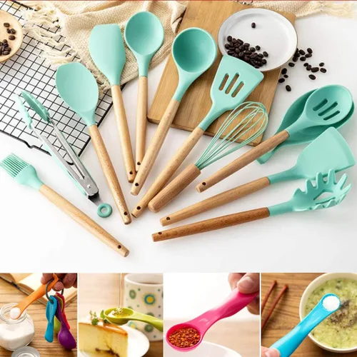 Vista 5 de Juego de 17 utensilios de silicona con mango de madera, resistente al calor, utensilios de cocina fáciles de limpiar, herramientas de cocina