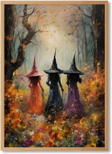 Vista 22 de Arte de pared vintage de Halloween embrujado de granja, parche de calabaza rústica con bonitos fantasmas, póster impreso en lienzo espeluznante