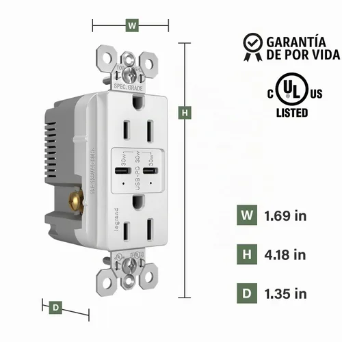 Vista 3 de Legrand Radiant R26USBPDW - Toma de corriente dúplex decoradora resistente