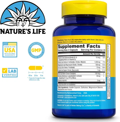 Vista 2 de NATURE'S LIFE Cal Mag Complejo de zinc de 1000 mg / 500 mg / 15 mg - Suplemento de calcio y magnesio y zinc con vitamina D y boro - Salud ósea