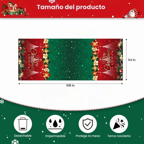 Vista 2 de 3 manteles de Navidad desechables, 54 x 108 pulgadas, mantel rectangular de plástico rojo con árbol de Navidad, muñeco de nieve, reno, Papá Noel