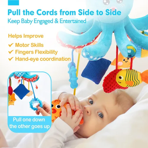 Vista 2 de Hahaland - Juguetes para bebés de 0 a 6 meses, asiento de automóvil, juguete de pulpo de peluche con cuerdas de tracción Infant Hanging Toy for