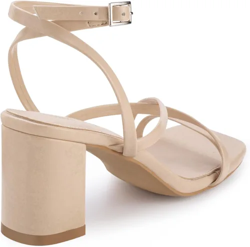 Vista 3 de Shoe'N Tale Strappy Heels for Women Block Chunky Heels Open Square Toe Ankle Strap Buckle Sandals