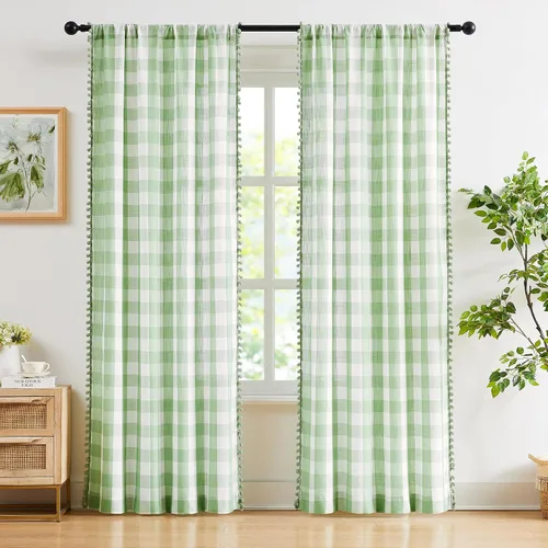 Vista 18 de Cortinas de cuadros blancos y negros con pompones, 45 pulgadas, semitransparentes a cuadros Blanco y negro