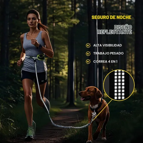 Vista 6 de Fida Correa de perro 3 en 1 manos libres con bolsa de cremallera y elástico, correa reflectante cruzada para correr para perros con asa de tráfico