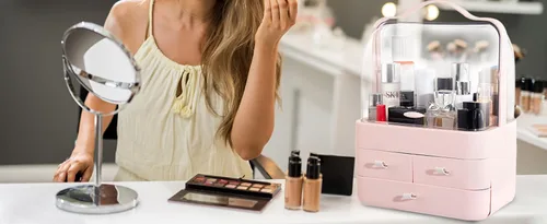 Vista 9 de Nervure Organizador de maquillaje rosa, caja de almacenamiento de cosméticos con tapa, organizador de maquillaje con cubierta libre de polvo y asa