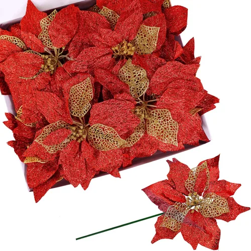 Vista 2 de Juego de 20 flores de pascua de 8.7 pulgadas de ancho, 3 capas de flores de Pascua rojas con purpurina, adornos para árbol de Navidad rojo, coronas