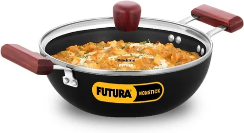 Vista 8 de HAWKINS Futura Kadhai de 3,5 litros de profundidad, Kadai antiadherente con tapa de acero inoxidable, fondo plano de inducción, Kadhai (INK35S)