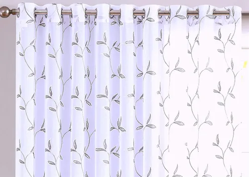 Vista 2 de LINENZONE Cortina de patio transparente blanca para puertas correderas con bordado de hojas de carbón gris. Extra ancha para patio, puertas