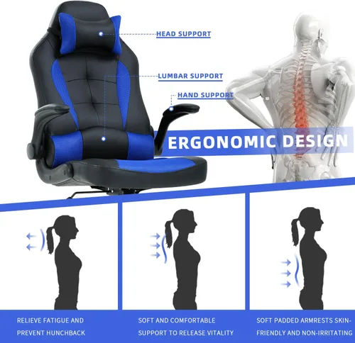 Vista 3 de Silla de videojuegos de respaldo alto, silla de computadora con reposacabezas y soporte lumbar, silla de computadora de altura ajustable, silla