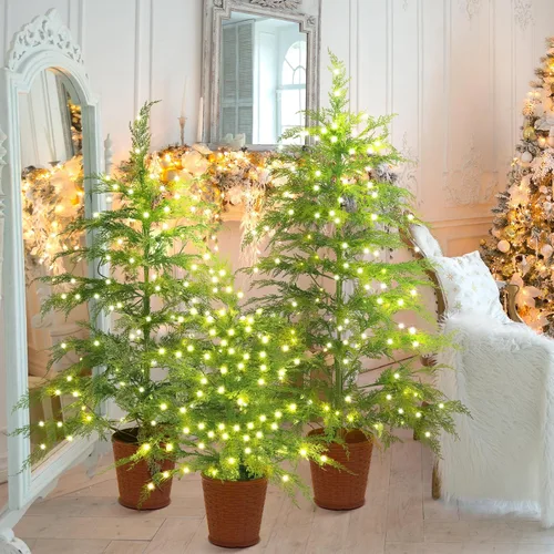 Vista 8 de Cinnyvoice Set of 3 Pre-lit Potted Christmas Tree with led, 2 ft, 3ft,4 ft Árbol de ciprés artificial preiluminado con base de cesta tejida