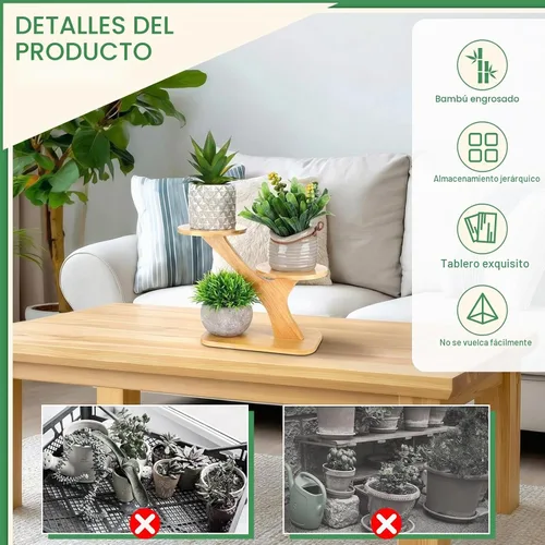 Vista 3 de 4 piezas de bambú soporte interior 3 niveles suculento ventana