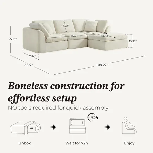 Vista 2 de CHITA Sofás seccionales Cloud de 108 pulgadas para sala de estar, sofá deshuesado en forma de L con otomana, sofá modular de 3 plazas, color crema