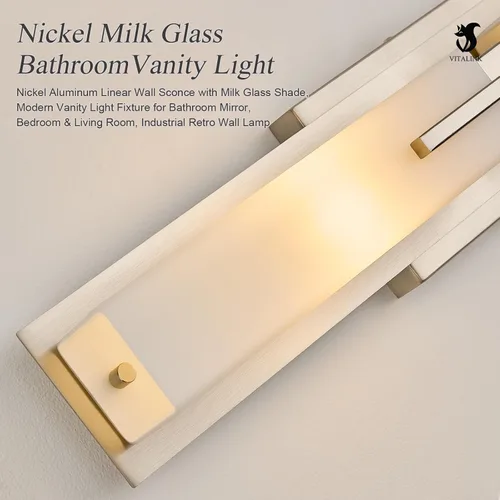 Vista 2 de VitaLink Lámpara de tocador de baño de 24 pulgadas, níquel satinado, 2 luces de vidrio esmerilado para baño, accesorios de iluminación cableados