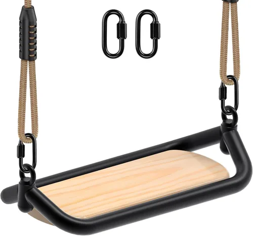 Vista 11 de SELEWARE Columpio de madera colgante, asiento de columpio de 17.5 x 8.2 pulgadas con cadena y 2 mosquetones, columpio de árbol de madera